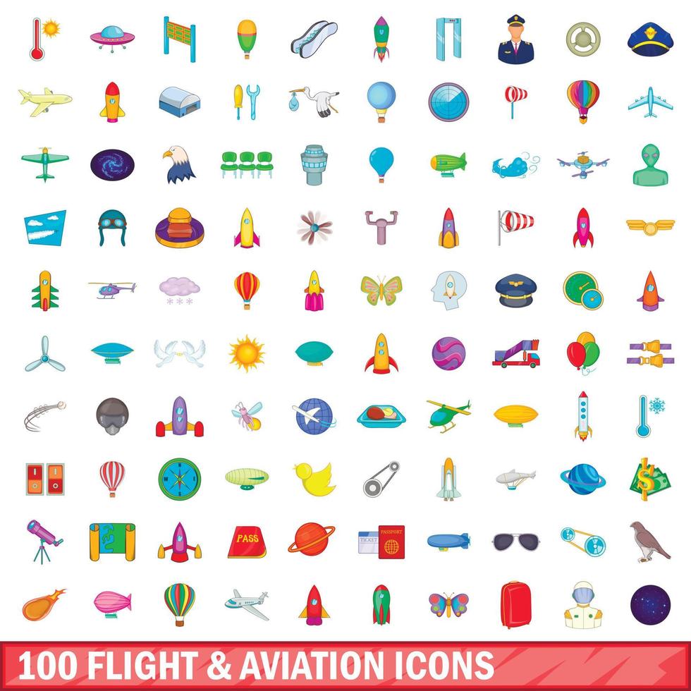 100 iconos de vuelo y aviación, estilo de dibujos animados vector