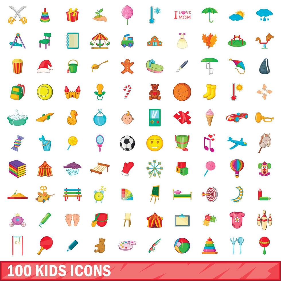 100 niños, conjunto de iconos de estilo de dibujos animados vector