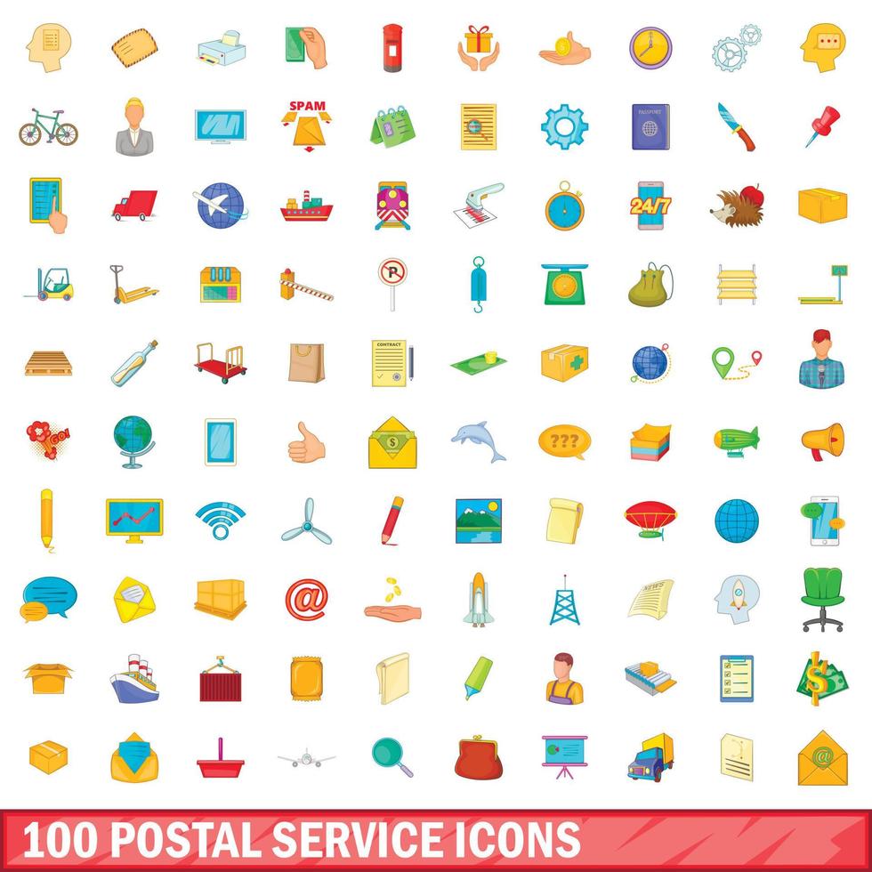 100 postal service icons set, cartoon style vector