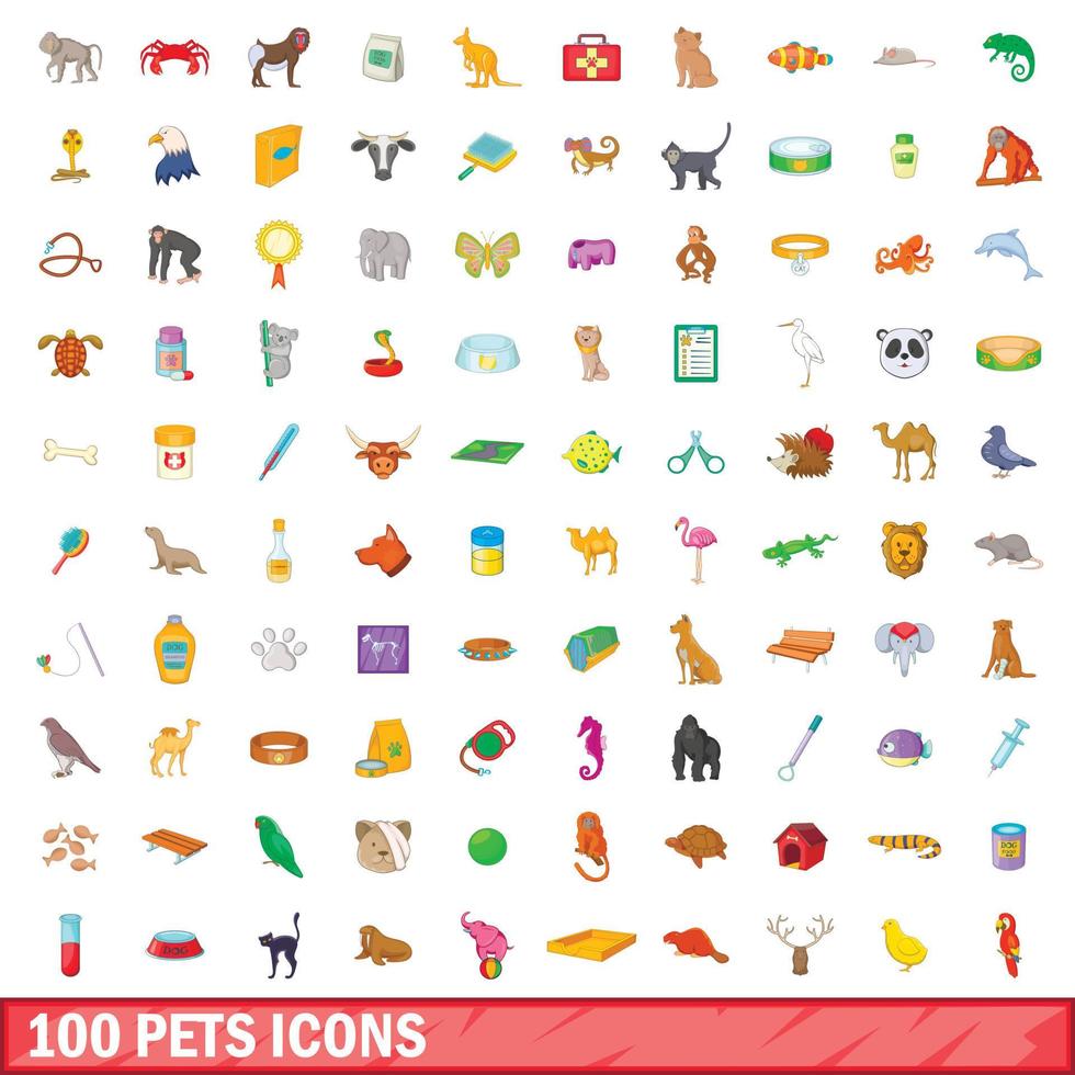 100 pets icons set, cartoon style vector