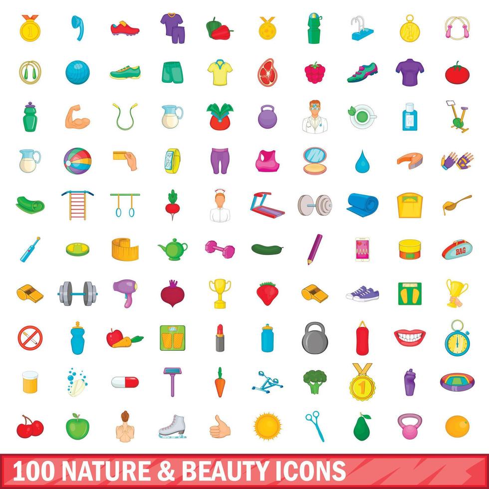 100 iconos de naturaleza y belleza, estilo de dibujos animados vector