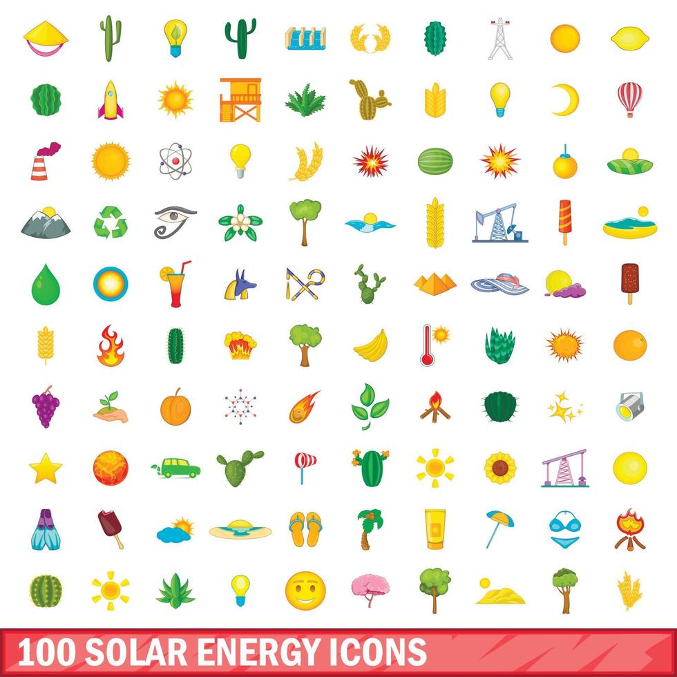 100 solar energy icons set, cartoon style vector