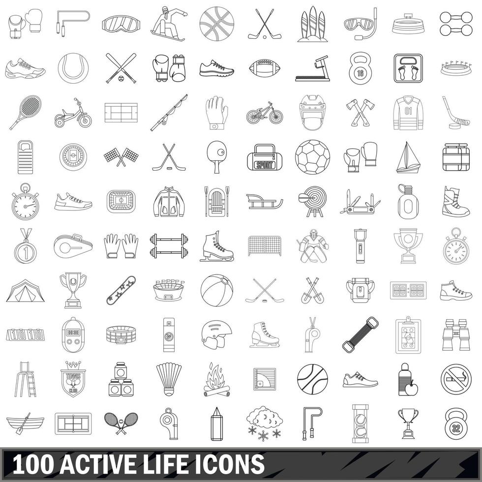 100 iconos de vida activa establecidos, estilo de contorno vector