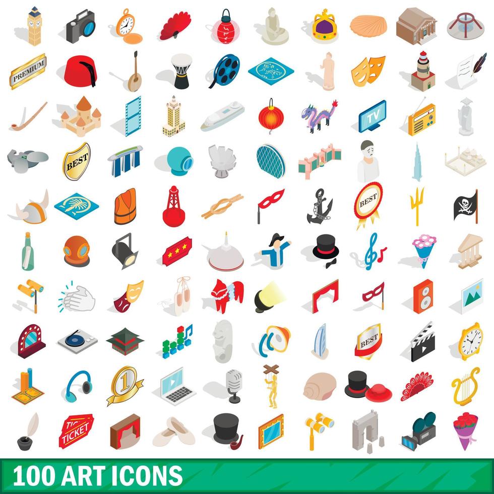 100 art icons set, isometric 3d style vector