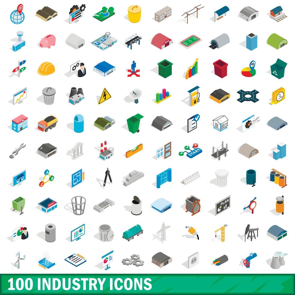 100 industry icons set, isometric 3d style vector