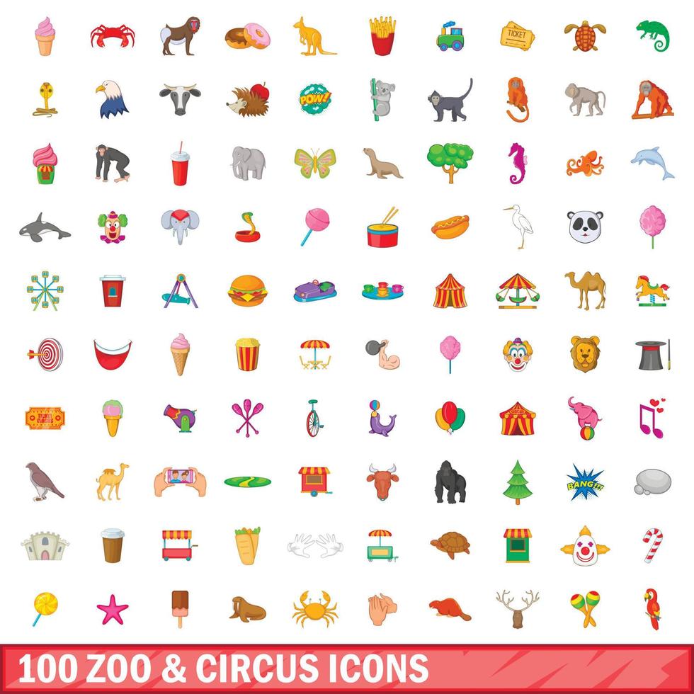 100 zoo and circus icons set, cartoon style vector