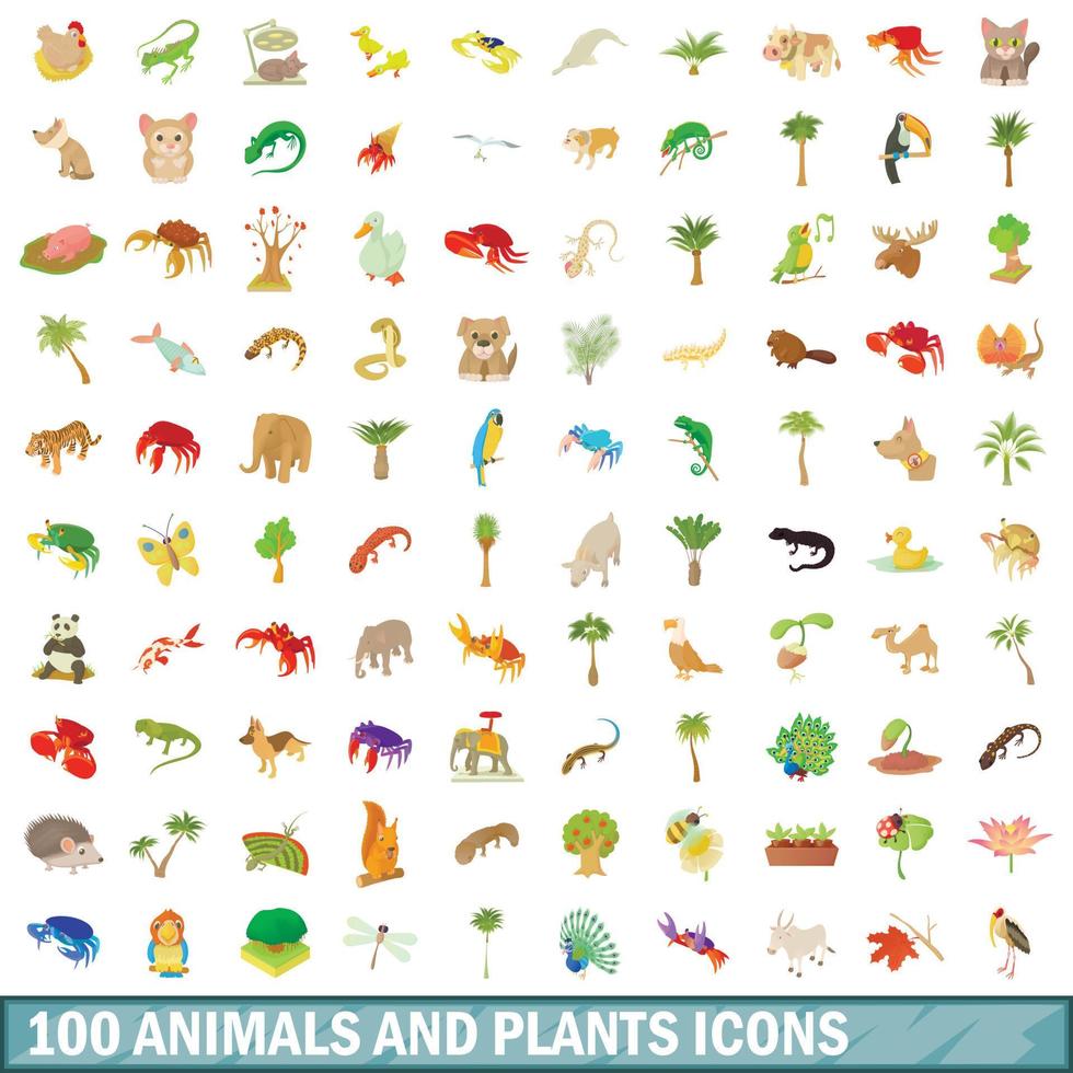 100 animales y plantas, conjunto de iconos de estilo de dibujos animados vector