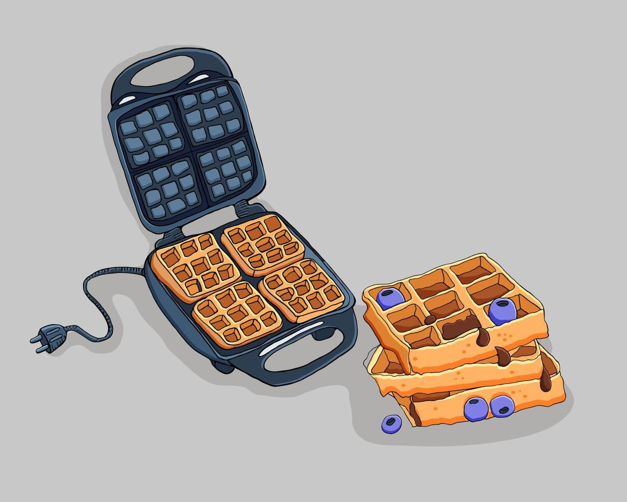 Waffle iron and belgian crispy waffle with blueberries and chocolate vector