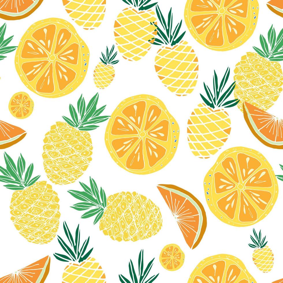 Cute summer seamless pattern. Fresh fruits, pineapples, oranges, citrus. Colorful bright vector illustration.