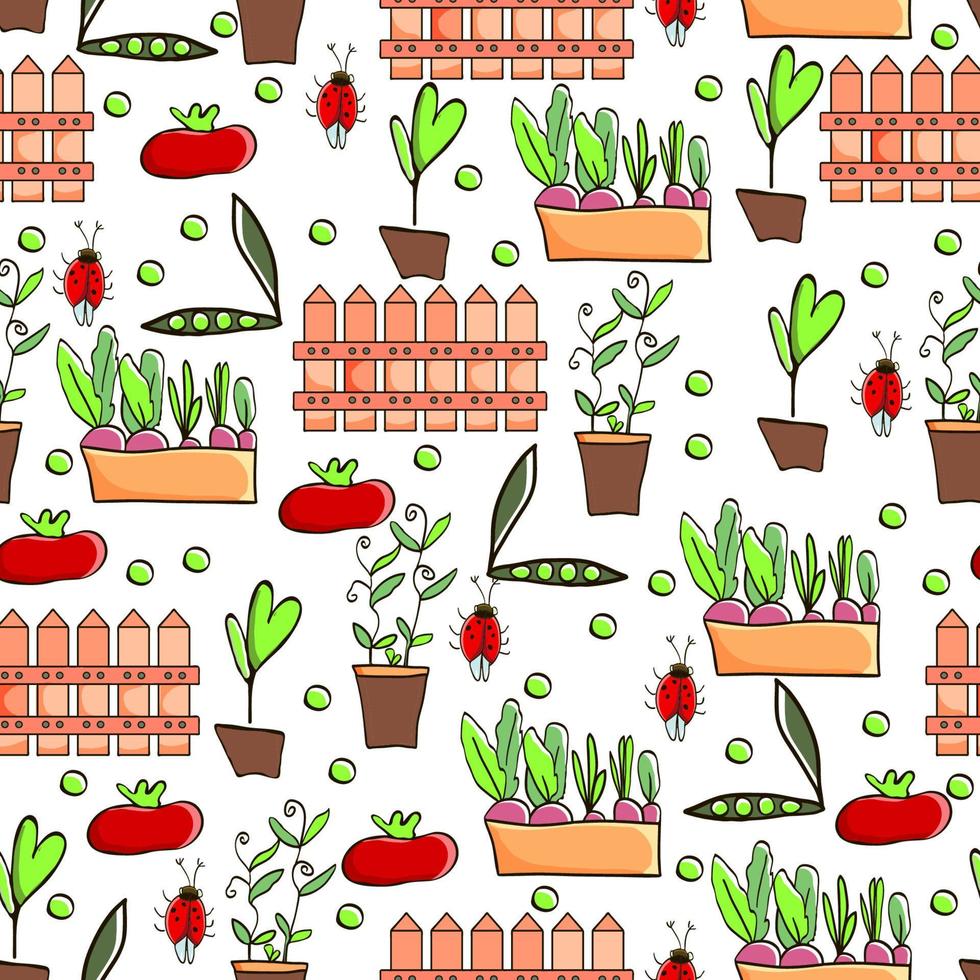Gardening seamless pattern with garden elements rake, shovel, seedlings, watering can, rubber boots, onions, carrots, beets garden gloves and flowers. Harvest time vector