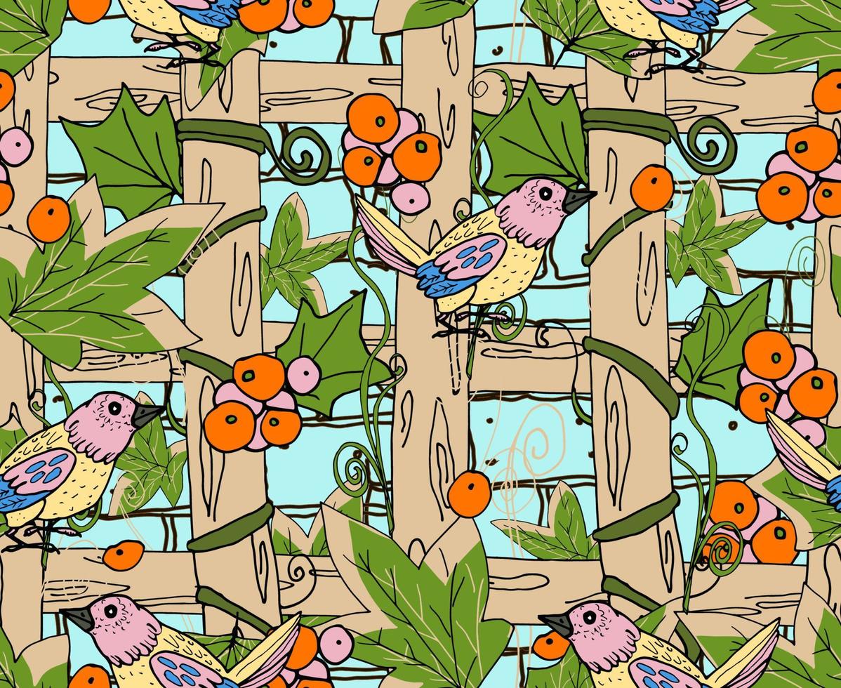 Pattern with rural motives, country house entwined with grapes and songbirds on the branches. Vector illustration.