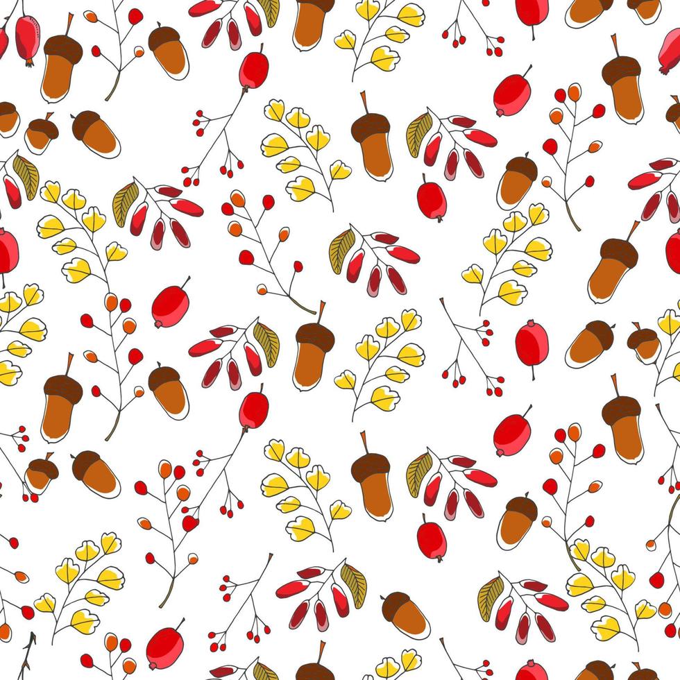 Colorful bright autumn background with maples, oaks, chestnut trees and elms leaves, red berries and acorns. Hand drawn vector seamless pattern.