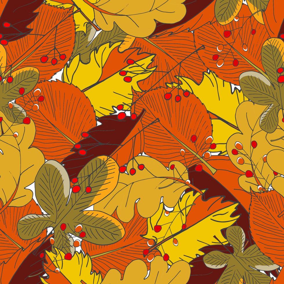 colorido fondo otoñal brillante con arces, robles, castaños y hojas de olmo, bayas rojas y bellotas. patrón transparente de vector dibujado a mano.