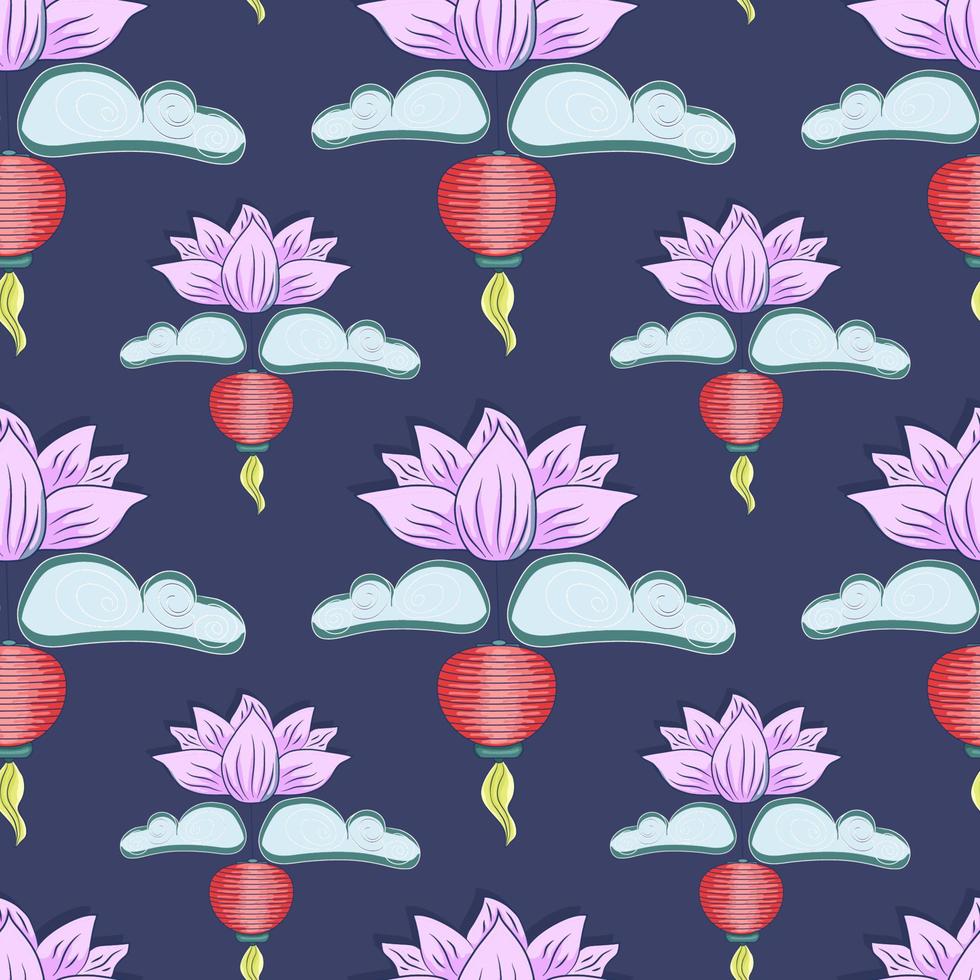 Mid autumn festival background with rabbits, moon cake, lotus, clouds and chinese lanterns. Vector seamless pattern.