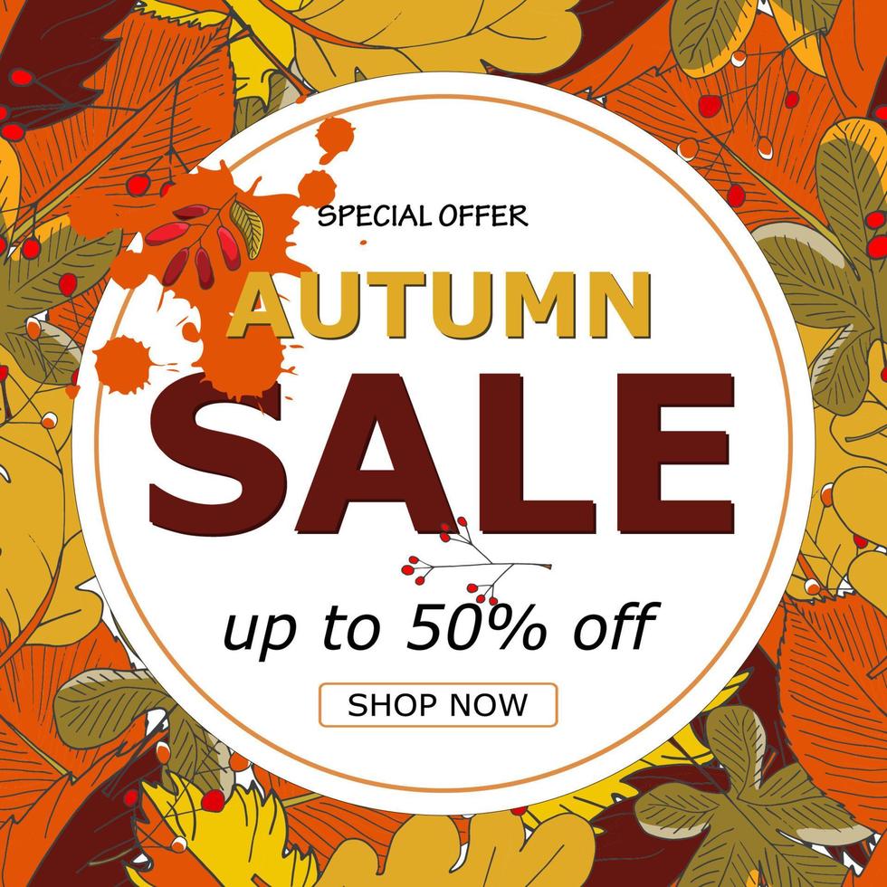 Autumn sale, discount banners.Autumn background with colorful leaves with grunge elements, ink drops, abstract background. Vector illustration