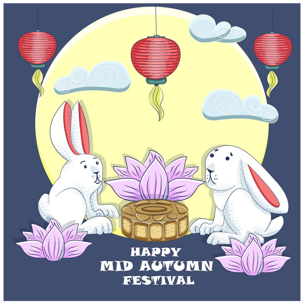 Mid autumn festival greeting card with rabbits, moon cake and chinese lanterns. Text Happy Mid Autumn Festival. vector