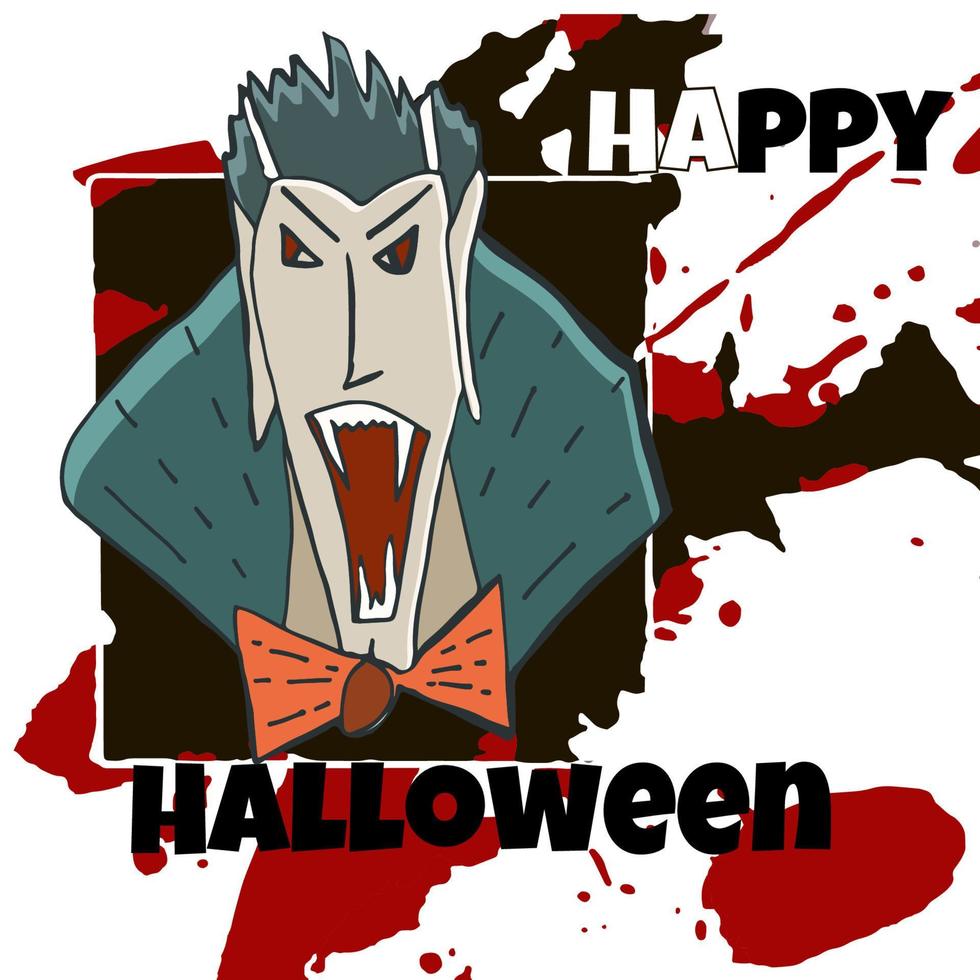 Halloween greeting card. Vampire Dracula mascot.  Vector illustration. Text Happy Halloween.