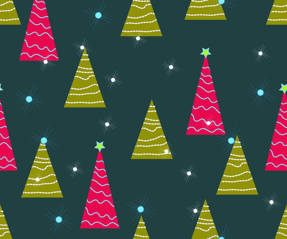 patrón sin costuras de navidad. lindo fondo festivo vectorial con adornos navideños antiguos, árbol de navidad estilizado, iluminaciones para la decoración de invierno de sus vacaciones. vector