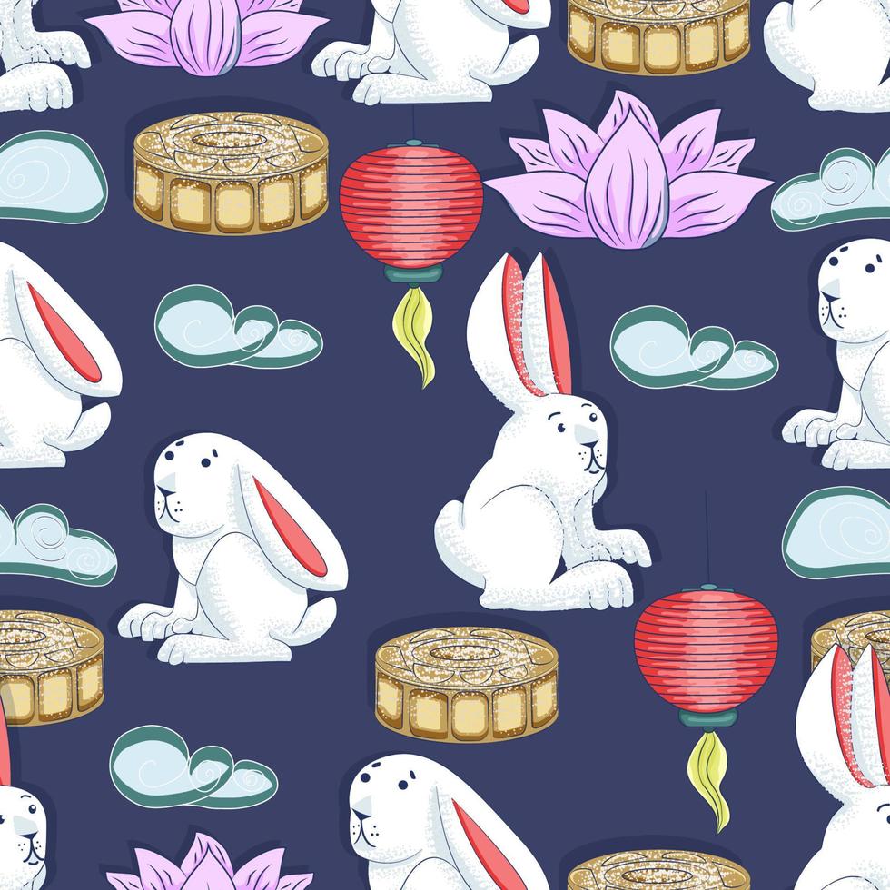 Mid autumn festival background with rabbits, moon cake, lotus, clouds and chinese lanterns. Vector seamless pattern.