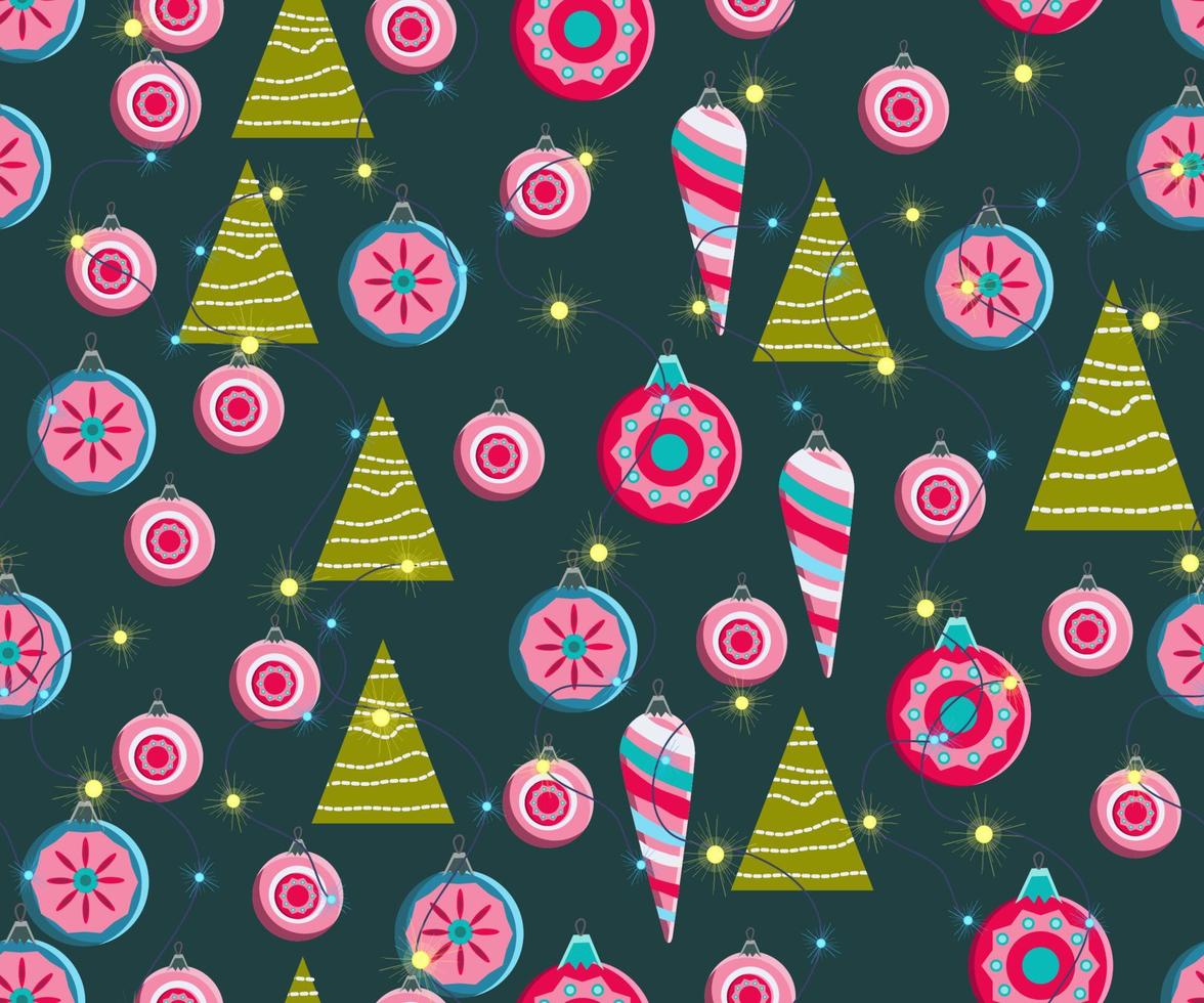 Christmas seamless pattern. Cute vector festive background woth vintage Christmas decorations, stilyzed Christmas tree, illuminations for your holiday winter decoration.