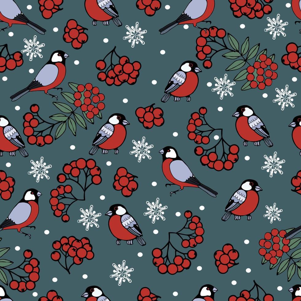 Seamless vector pattern with winter natural motives, rowan branches, bullfinches and snowflakes