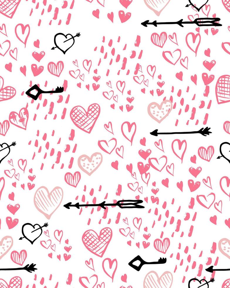 fondo transparente del día de san valentín. patrones de tinta dibujados a mano con corazones, elementos abstractos, llaves, flechas para la moda, fondos de pantalla, impresión, scrapbooking, tarjeta de saludo, tela. vector