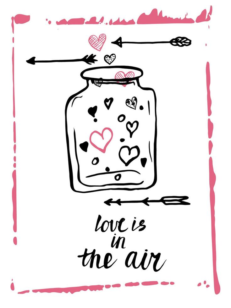 Happy Valentine's Day greeting card. Hand drawn ink illustration. Grunge texture, lettering. vector