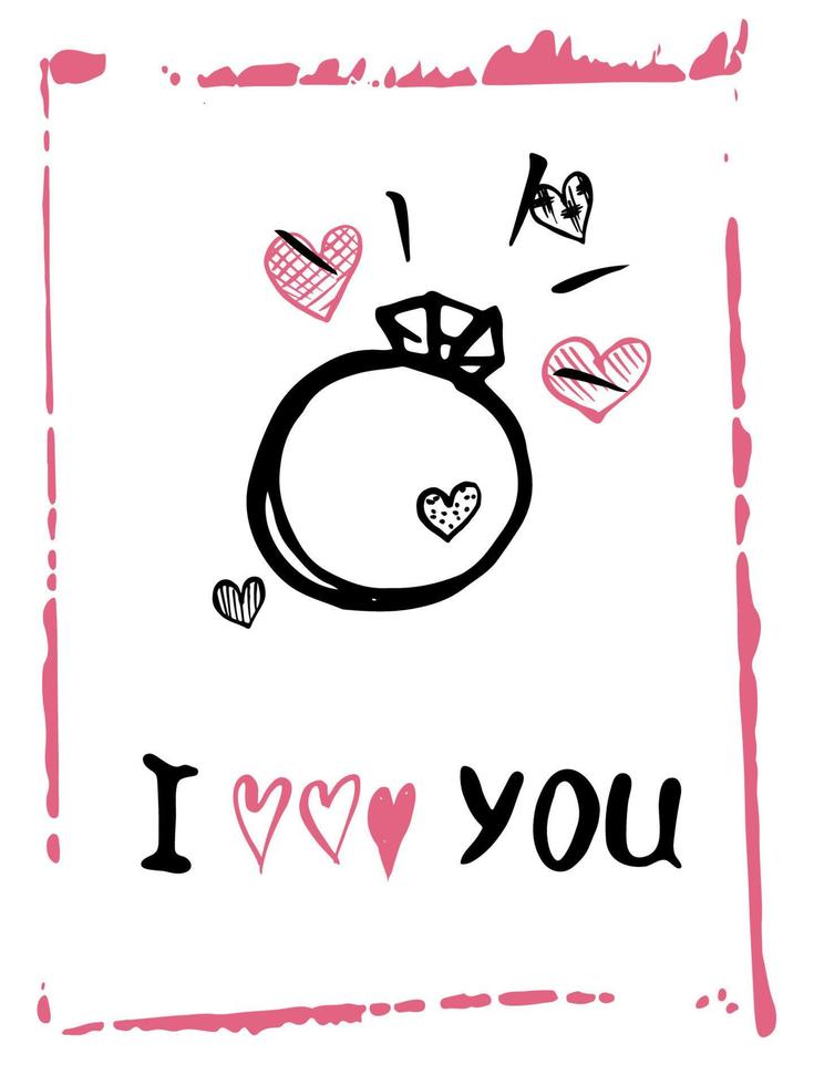 feliz tarjeta de felicitación del día de san valentín. ilustración de tinta dibujada a mano. textura grunge, letras. vector