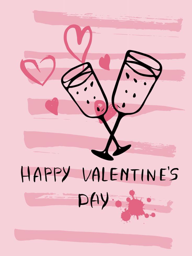 Happy Valentine's Day greeting card. Hand drawn ink illustration. Grunge texture, lettering. vector