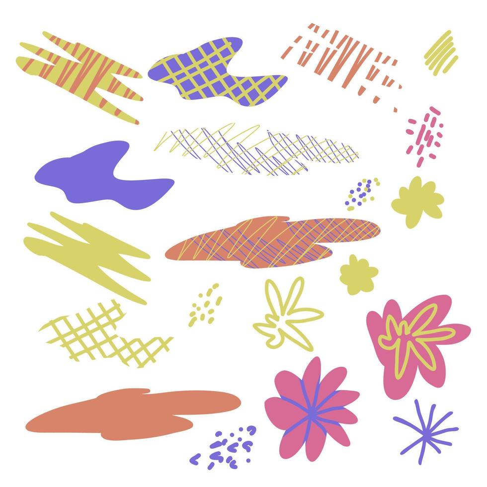 Vector set of abstract colorful flat shapes, flowers, stripes, strokes, lines, spots, zigzags.