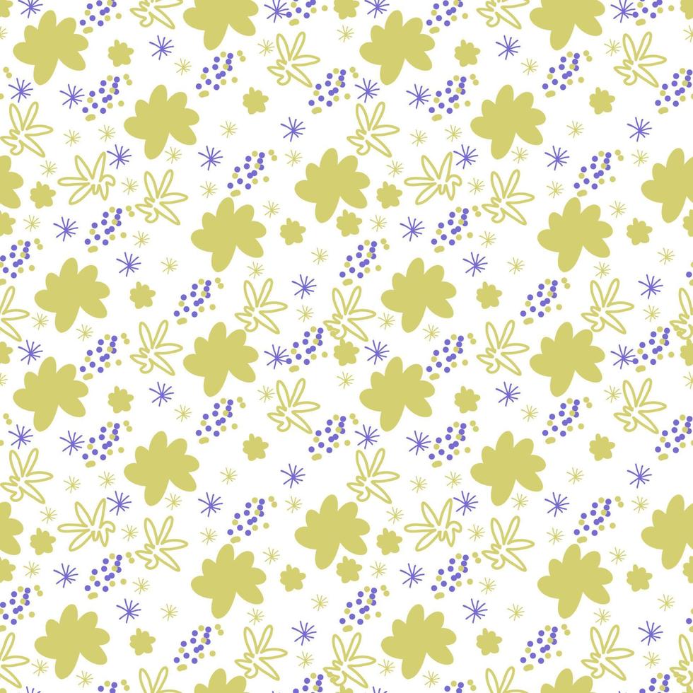 Vector seamless pattern. Abstract colorful doodle flat shapes, strokes, spots, lines, stripes, flowers.