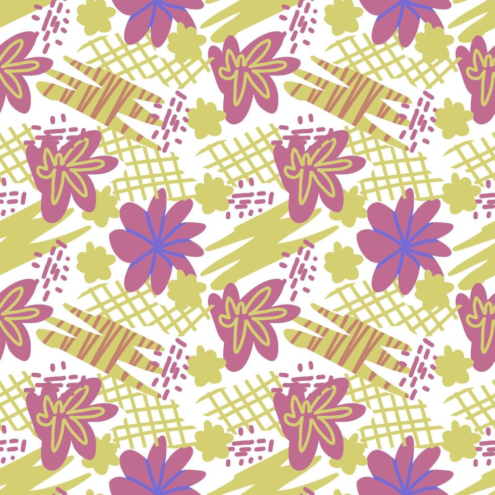Vector seamless pattern. Abstract colorful doodle flat shapes, strokes, spots, lines, stripes, flowers.