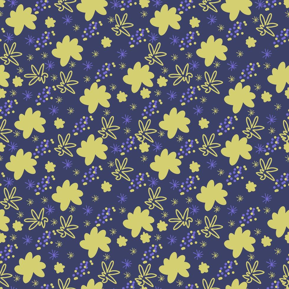 Vector seamless pattern. Abstract colorful doodle flat shapes, strokes, spots, lines, stripes, flowers.