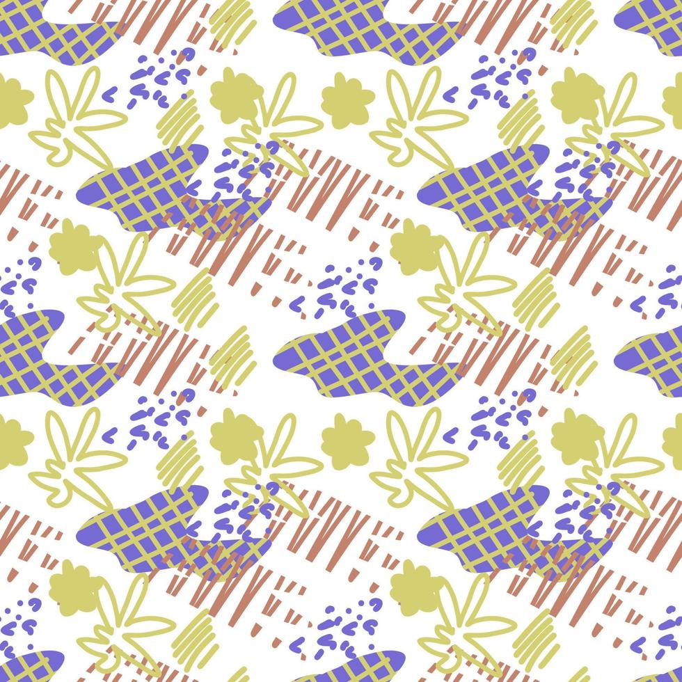 Vector seamless pattern. Abstract colorful doodle flat shapes, strokes, spots, lines, stripes, flowers.
