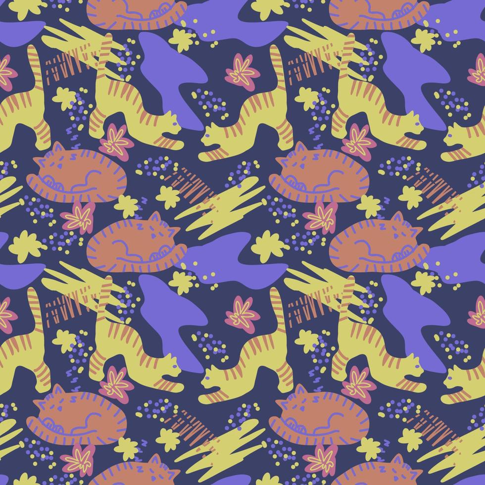 Vector seamless pattern. Cute cats and abstract colorful doodle flat shapes, strokes, spots, lines, stripes, flowers.