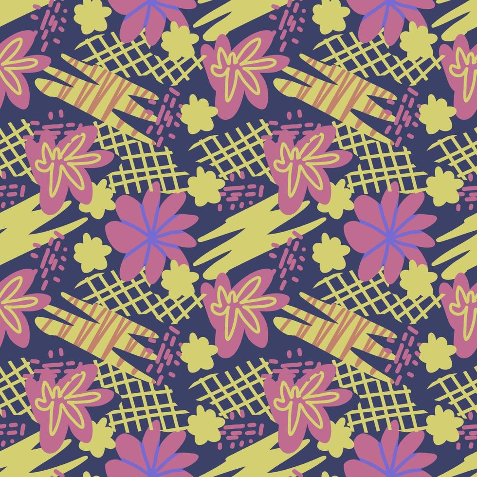 Vector seamless pattern. Abstract colorful doodle flat shapes, strokes, spots, lines, stripes, flowers.