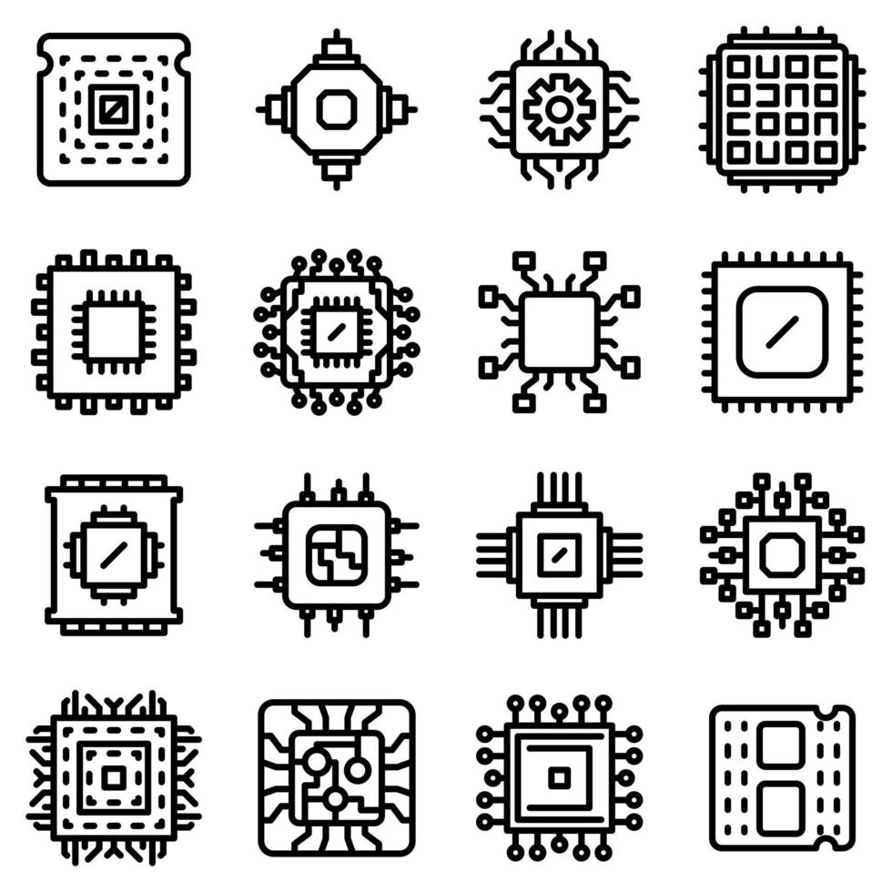 Processor icons set, outline style vector