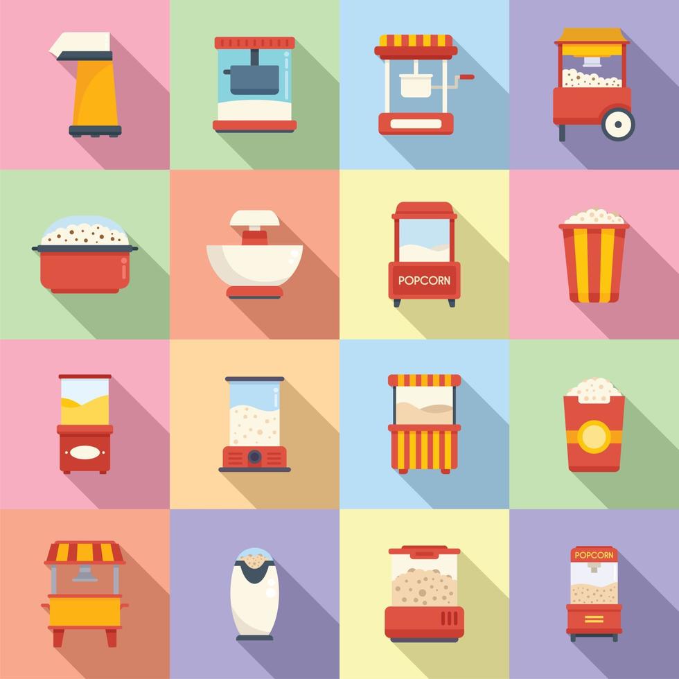 Popcorn maker machine icons set flat vector. Cinema corn vector