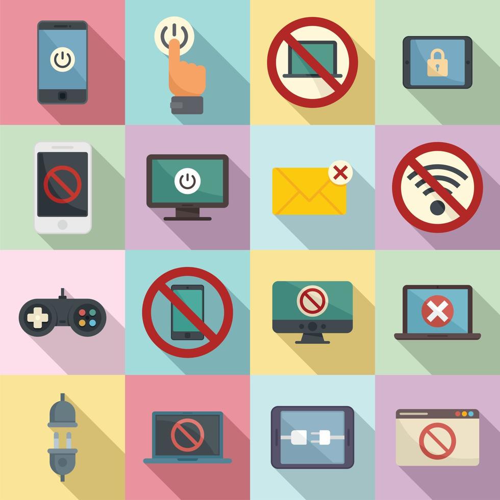 Digital detoxing icons set, flat style vector