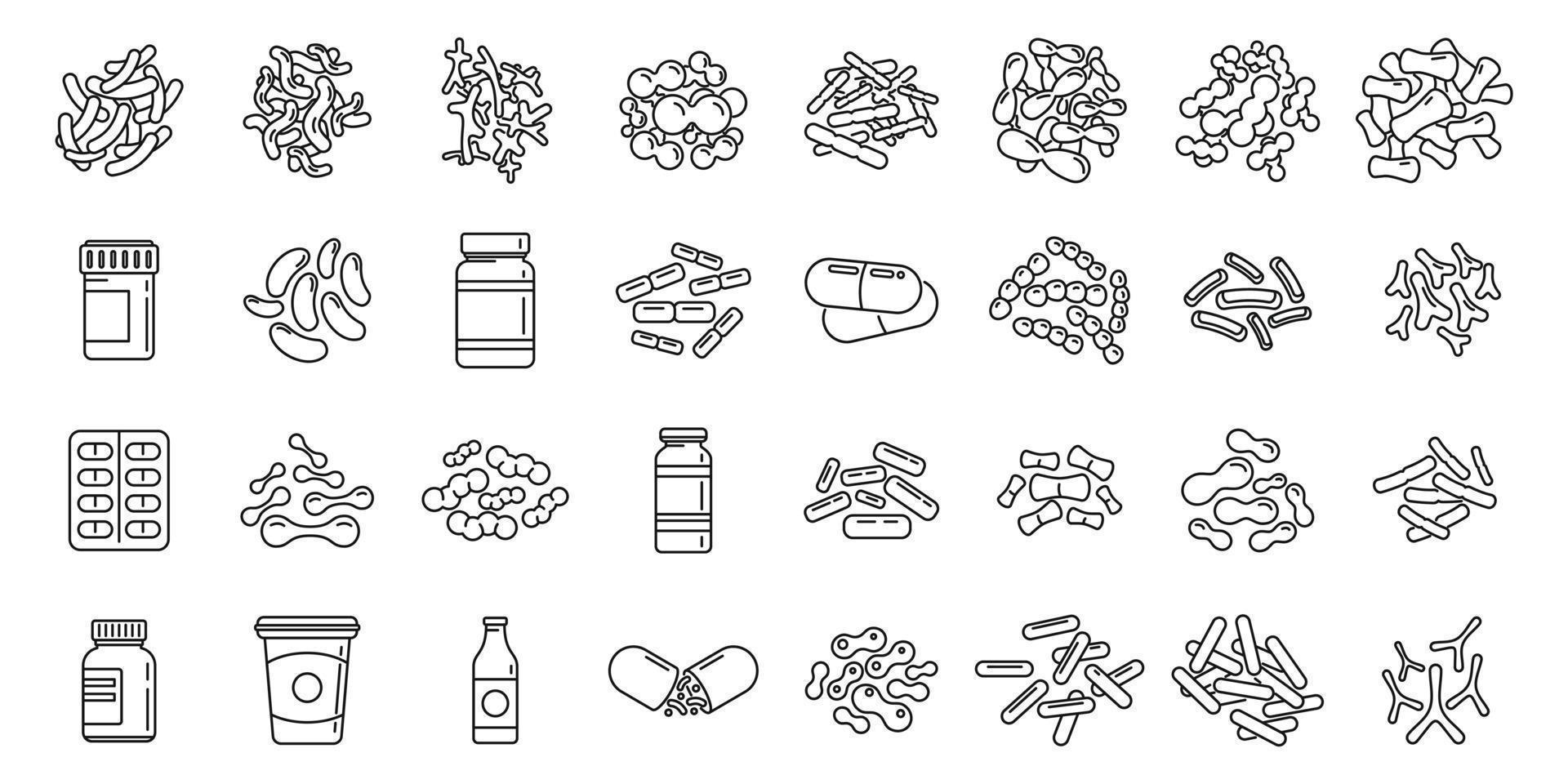 Probiotics microbiology icons set outline vector. Stomach bacteria vector