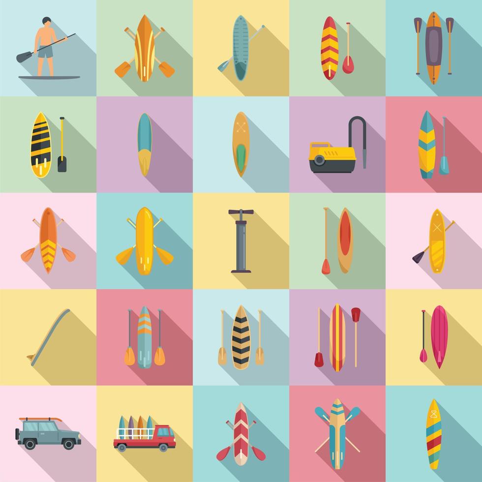 Sup surfing icons set flat vector. Surf board vector