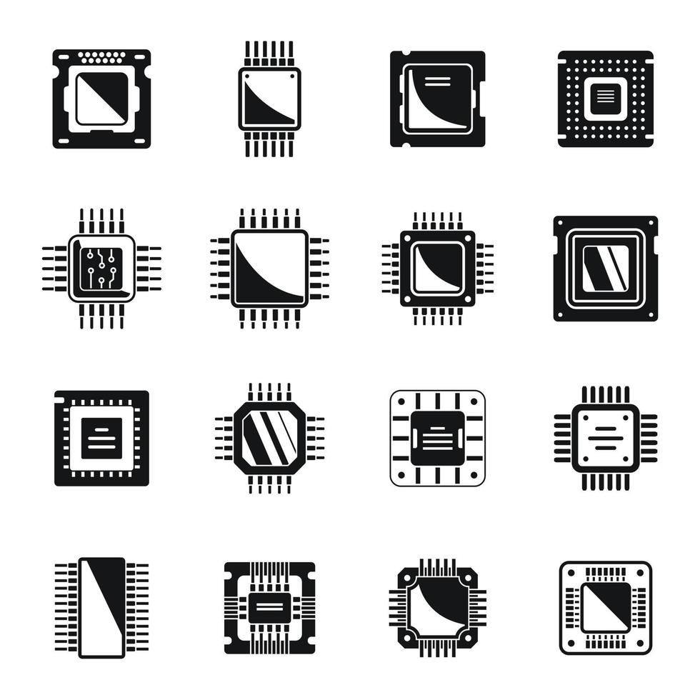 Processor icons set simple vector. Central computer card vector