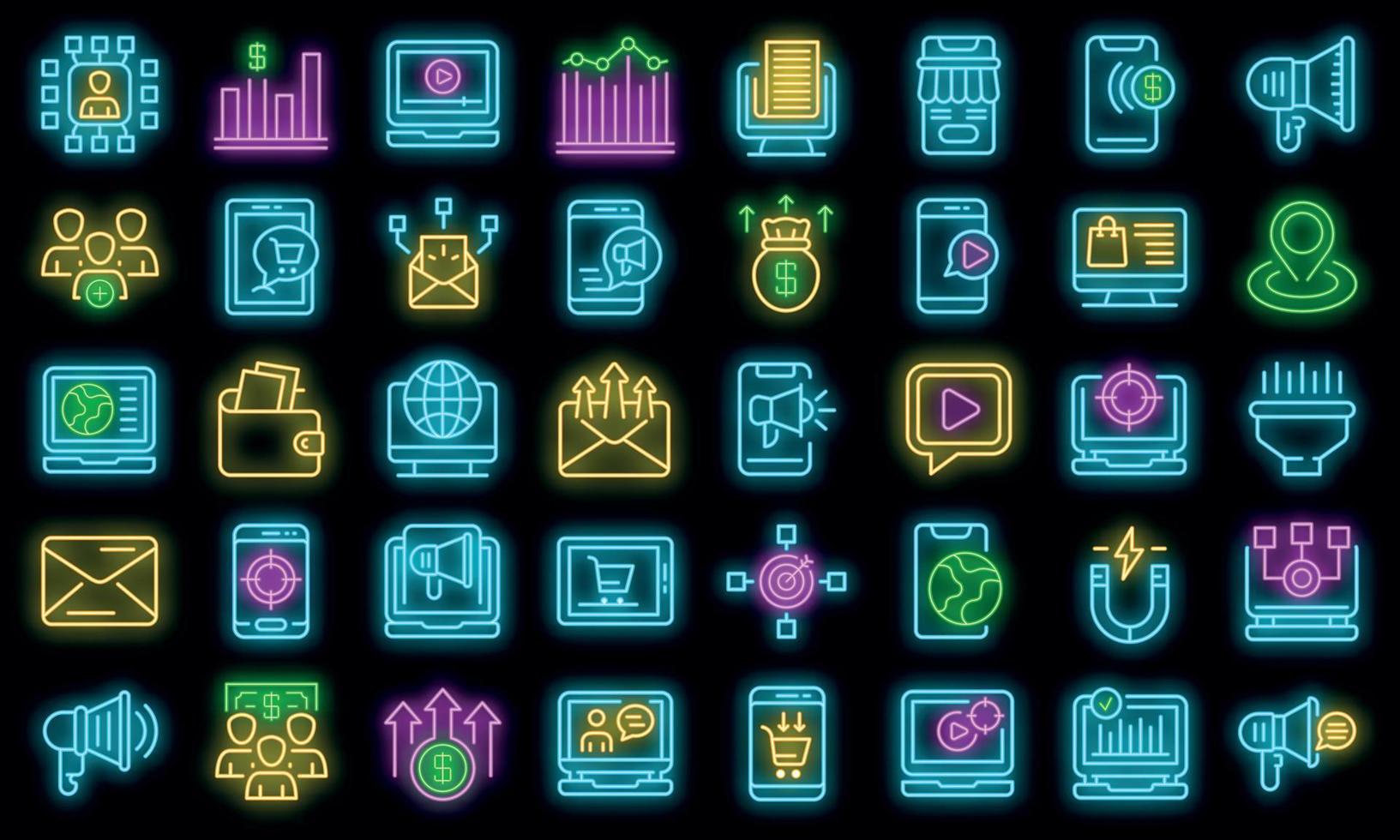 Online marketing icons set vector neon