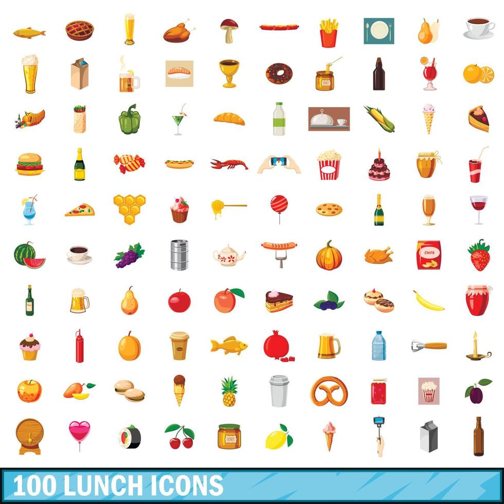 100 lunch icons set, cartoon style vector