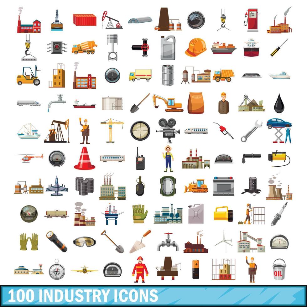 100 industry icons set, cartoon style vector