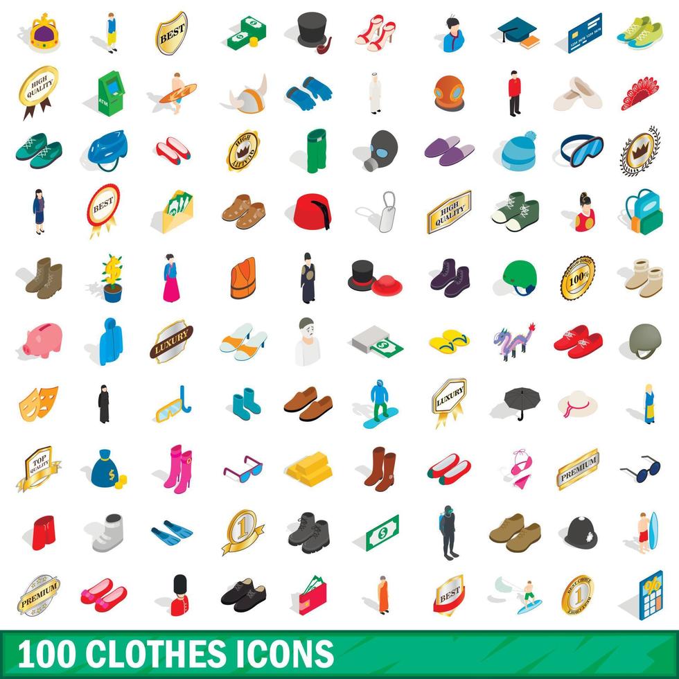 100 clothes icons set, isometric 3d style vector