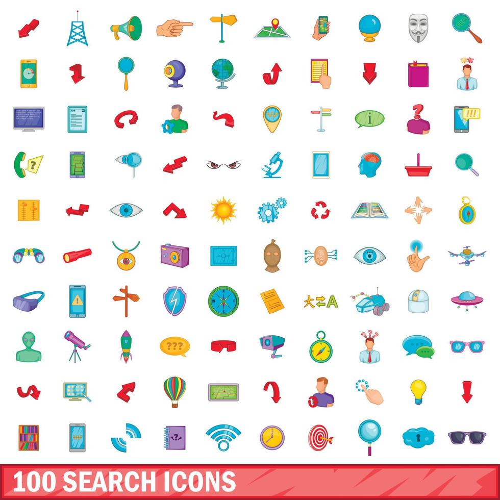 100 iconos de búsqueda, estilo de dibujos animados vector