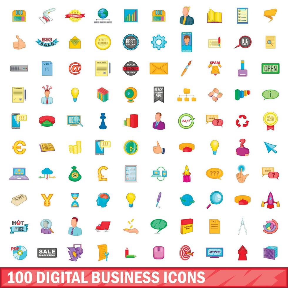 100 digital business icons set, cartoon style vector