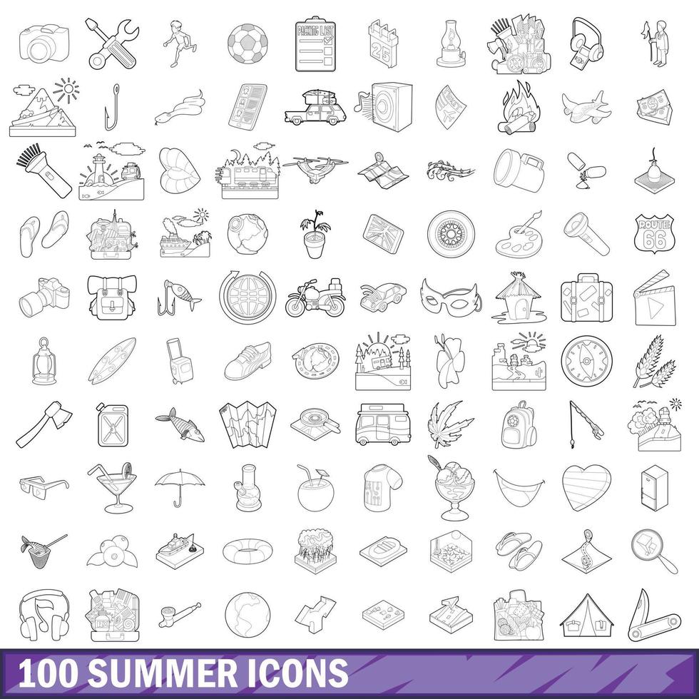 100 summer icons set, outline style vector