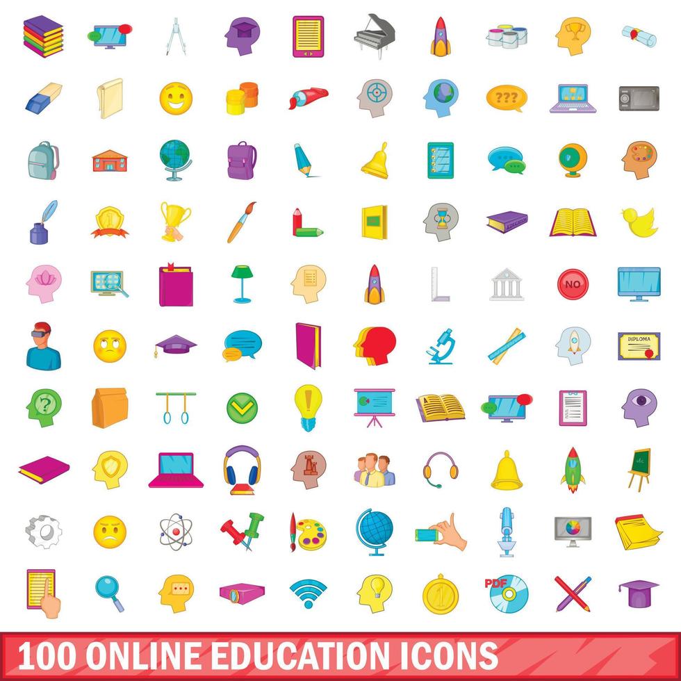 100 iconos de educación en línea, estilo de dibujos animados vector